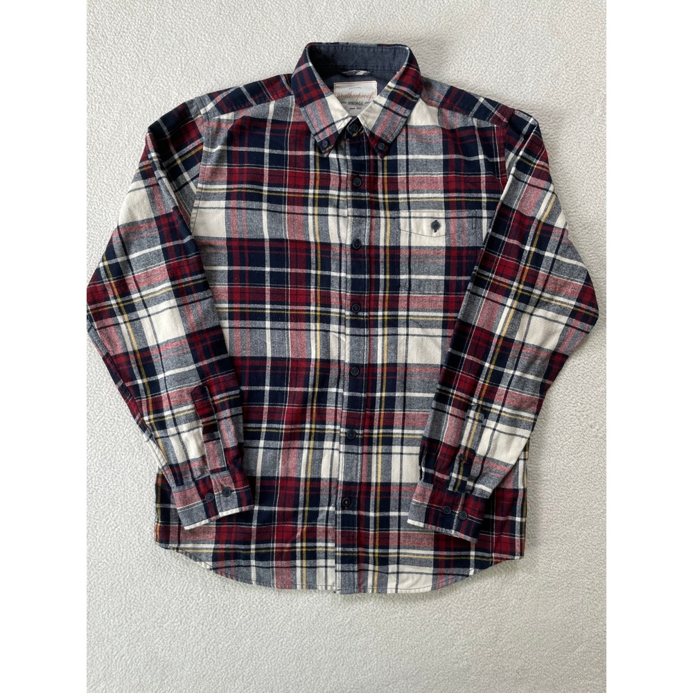 Weatherproof Mens Medium Button Down Shirt Red Navy Blue Plaid Flannel L/S‎